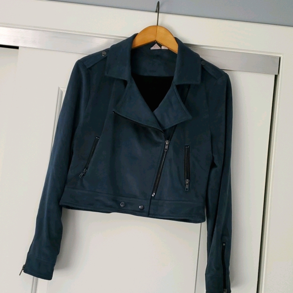 Teal blue green faux suede moto bomber jacket!